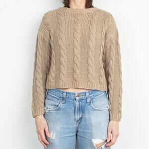 Vintage 90s Karen Kane Cotton Cable Knit Crop Pullover Neutral Sweater Size S